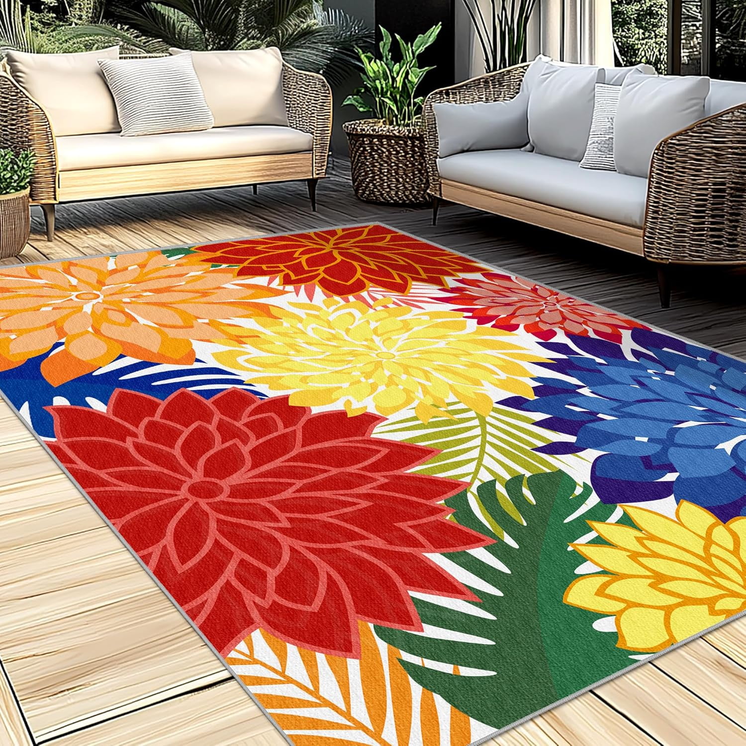 Indoor Outdoor Area Rug, Washable Multicolored Patio Rug, Tropical ...