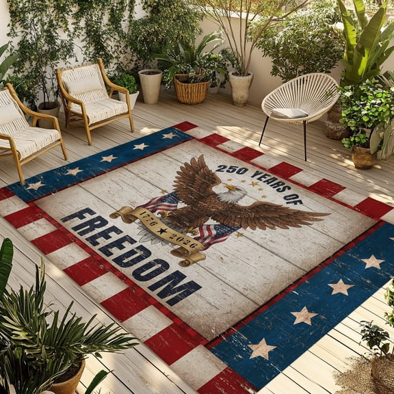 Indoor Outdoor Area Rugs,250 Years of Freedom Washable Patio Rug Non-slip Quick Dry Camping Rugs,Bald Eagle Patriotic Stars Floor Carpet for Porch Deck Backyard RV Decor,4x6ft