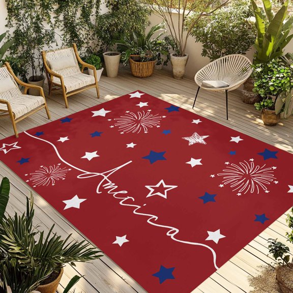 Indoor Outdoor Area Rugs,4th of July America White Blue Star Washable Patio Rug Non-slip Quick Dry Camping Rugs,Stripe Celebration on Red Floor Carpet for Porch Deck Backyard RV Decor,6x9ft