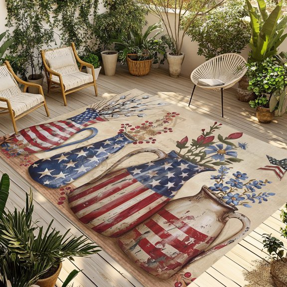 Indoor Outdoor Area Rugs,4th of July Star and Stripe Flower Washable Patio Rug Non-slip Quick Dry Camping Rugs,Retro Farm Vase Wooden Plank Floor Carpet for Porch Deck Backyard RV Decor,4x6ft