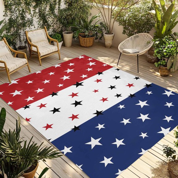 Indoor Outdoor Area Rugs,4th of July Stars Blue Red White Thin Washable Patio Rug Non-slip Quick Dry Camping Rugs,Patriotic Independence Day Floor Carpet for Porch Deck Backyard RV Decor,6x9ft