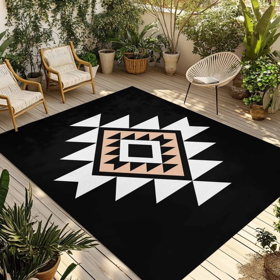 Indoor Outdoor Area Rugs,Abstract Aztec Tribal on Black Washable Patio Rug Non-slip Quick Dry Camping Rugs,Retro Western Ethnic Geometric Floor Carpet for Porch Deck Backyard RV Decor,4x6ft