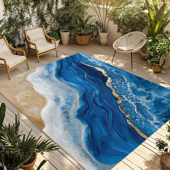 Indoor Outdoor Area Rugs,Abstract Beach Ocean Wave Washable Patio Rug Non-slip Quick Dry Camping Rugs,Sea Shore Spray Blue Golden Floor Carpet for Porch Deck Backyard Decor,4x6ft