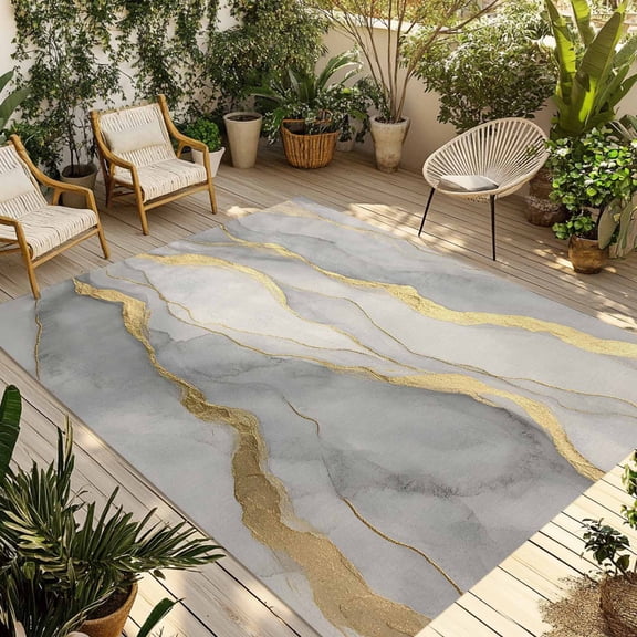 Indoor Outdoor Area Rugs,Abstract Gold Lines Marble Texture Washable Patio Rug Non-slip Quick Dry Camping Rugs,Grey Stone Art Floor Carpet for Porch Deck Backyard RV Decor,4x6ft
