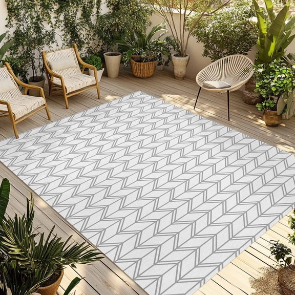 Indoor Outdoor Area Rugs,Abstract Herringbone Pattern Washable Patio Rug Non-slip Quick Dry Camping Rugs,Modern Gray White Zigzag Floor Carpet for Porch Deck Backyard RV Decor,4x6ft