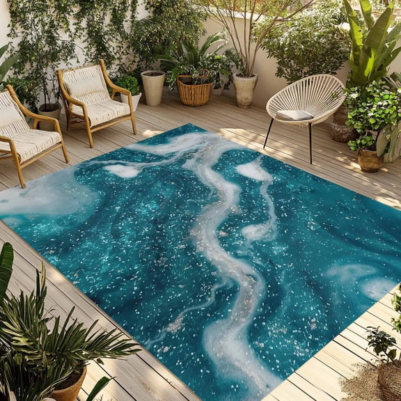 Indoor Outdoor Area Rugs,Abstract Ocean Wave Texture Washable Patio Rug Non-slip Quick Dry Camping Rugs,Coastal Sea Foam Fluid Art Floor Carpet for Porch Deck Backyard RV Decor,4x6ft