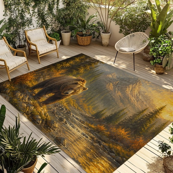 Indoor Outdoor Area Rugs,Bear Forest Lake Mountain Patio Rug Non-slip Quick Dry Camping Rugs,Fall Nature Floor Carpet for Porch Deck Backyard Decor,4x6ft