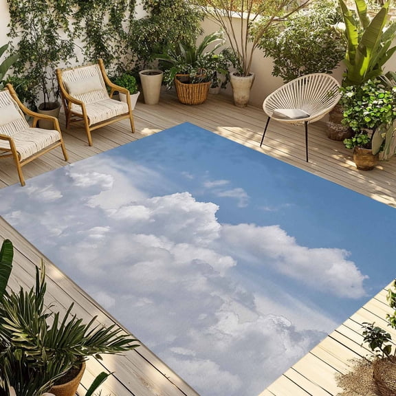 Indoor Outdoor Area Rugs,Blue Sky White Clouds Washable Patio Rug Non-slip Quick Dry Camping Rugs,Sunny Gradient Back Floor Carpet for Porch Deck Backyard RV Decor,4x6ft