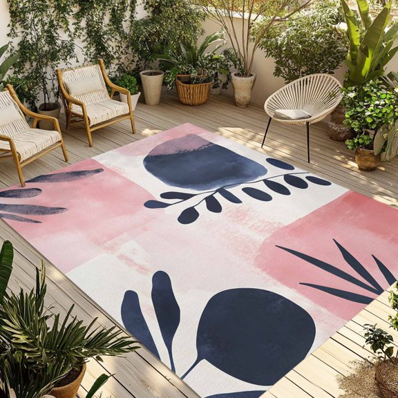 Indoor Outdoor Area Rugs,Boho Abstract Leaves Pink Gradient Patio Rug Non-slip Quick Dry Camping Rugs,Morandi Color Nordic Style Floor Carpet for Porch Deck Backyard Decor,4x6ft
