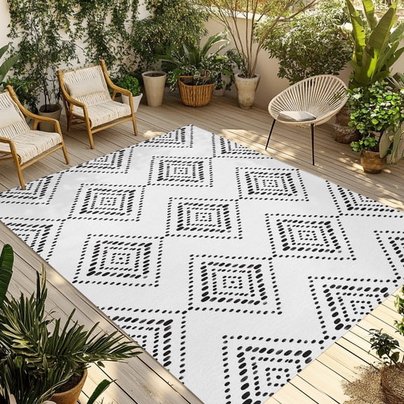 Indoor Outdoor Area Rugs,Boho Black White Diamond Art Washable Patio Rug Non-slip Quick Dry Camping Rugs,Nordic Ethnic Geometric Texture Floor Carpet for Porch Deck Backyard Decor,4x6ft