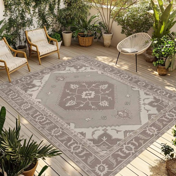 Indoor Outdoor Area Rugs,Boho Brown Geometric Abstrac Patio Rug Non-slip Quick Dry Camping Rugs,Vintage Nordic Style Floor Carpet for Porch Deck Backyard Decor,4x6ft