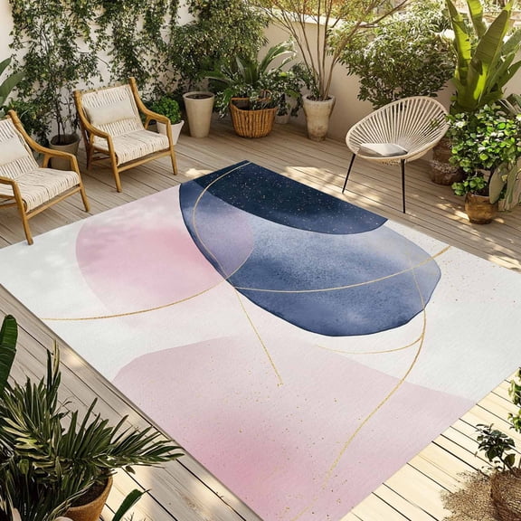 Indoor Outdoor Area Rugs,Boho Pink Color Block Patio Rug Non-slip Quick Dry Camping Rugs,Abstract Geometric Nordic Style Floor Carpet for Porch Deck Backyard Decor,4x6ft