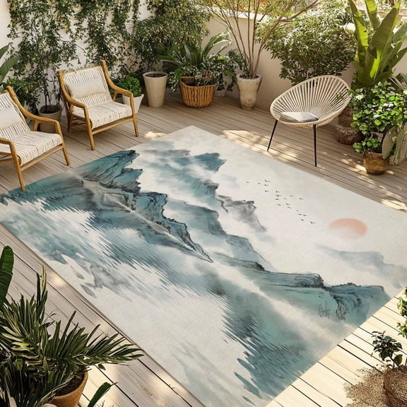 Indoor Outdoor Area Rugs,Chinese Zen Landscape Ombre Patio Rug Non-slip Quick Dry Camping Rugs,Abstract Mountain Lake Floor Carpet for Porch Deck Backyard Decor,4x6ft