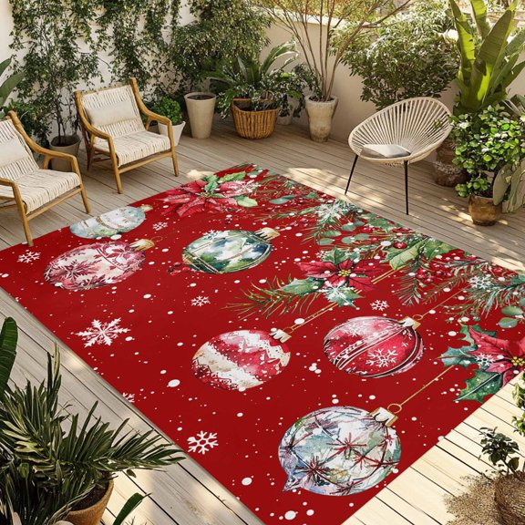 Indoor Outdoor Area Rugs,Christmas Poinsettia Bells on Red Washable Patio Rug Non-slip Quick Dry Camping Rugs,Snowflake Berry Fir Leaves Floor Carpet for Porch Deck Backyard Decor,4x6ft