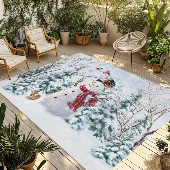 Indoor Outdoor Area Rugs,Christmas Snowman Xmas Tree Bird Washable Patio Rug Non-slip Quick Dry Camping Rugs,Winter Snow on Blue Floor Carpet for Porch Deck Backyard RV Decor,4x6ft