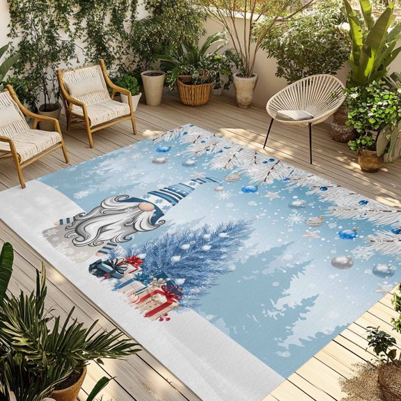 Indoor Outdoor Area Rugs,Christmas Tree Gnome Xmas Bell Blue Washable Patio Rug Non-slip Quick Dry Camping Rugs,Winter Snow Fir Floor Carpet for Porch Deck Backyard Decor,4x6ft