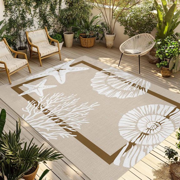 Indoor Outdoor Area Rugs,Coastal Ocean Life on Beige Washable Patio Rug Non-slip Quick Dry Camping Rugs,Sea Starfish Shell Conch Coral Floor Carpet for Porch Deck Backyard Decor,4x6ft