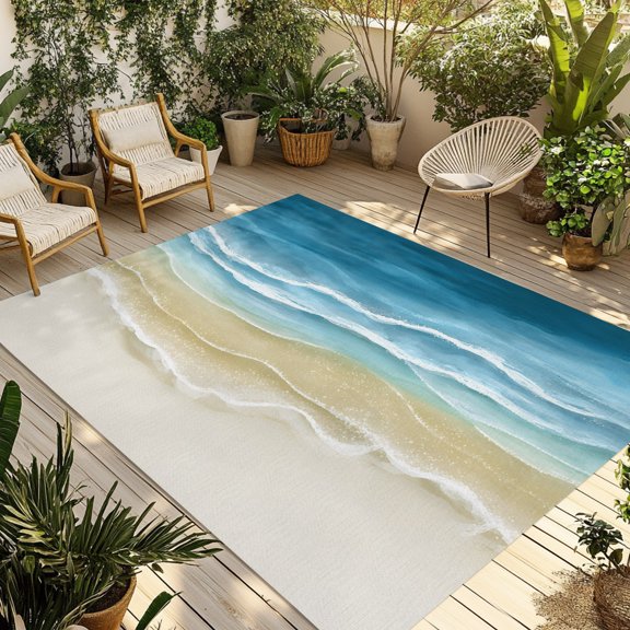 Indoor Outdoor Area Rugs,Coastal Ocean Wave Water Ripple Washable Patio Rug Non-slip Quick Dry Camping Rugs,Blue Brown Gradient Sea Stripe Floor Carpet for Porch Deck Backyard Decor,4x6ft