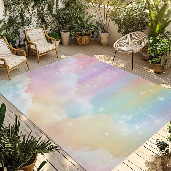 Indoor Outdoor Area Rugs,Colorful Cloud Rainbow Washable Patio Rug Non-slip Quick Dry Camping Rugs,Dreamy Cloud Sky Star Floor Carpet for Porch Deck Backyard Decor,4x6ft
