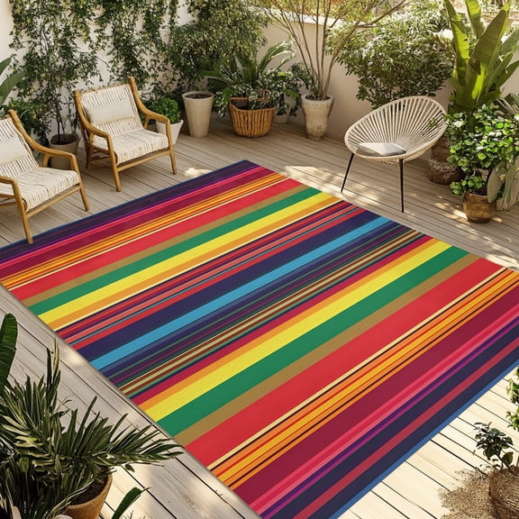 Indoor Outdoor Area Rugs,Colorful Mexican Stripe Washable Patio Rug Non-slip Quick Dry Camping Rugs,Rainbow Gradient Line Floor Carpet for Porch Deck Backyard RV Decor,4x6ft
