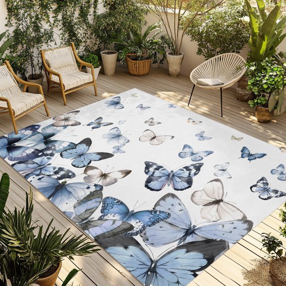 Indoor Outdoor Area Rugs,Country Ombre Butterfly White Washable Patio Rug Non-slip Quick Dry Camping Rugs,Blue Butterfly Abstract Art Floor Carpet for Porch Deck Backyard RV Decor,4x6ft