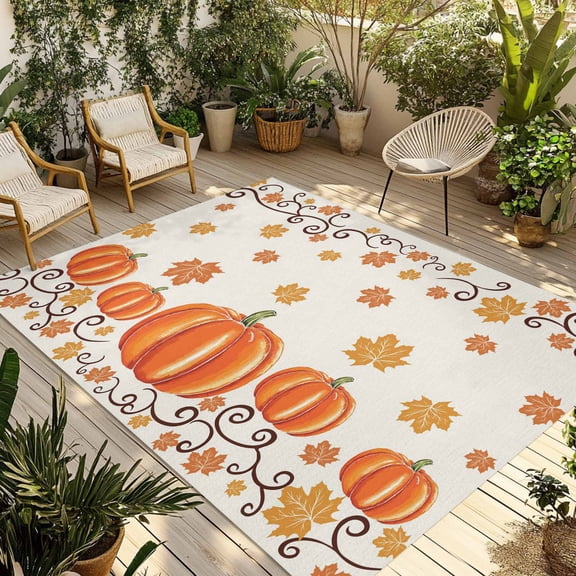 Indoor Outdoor Area Rugs,Fall Thanksgiving Pumpkin Maple Leaf Washable Patio Rug Non-slip Quick Dry Camping Rugs,Country Watercolor Leaves Floor Carpet for Porch Deck Backyard RV Decor,4x6ft