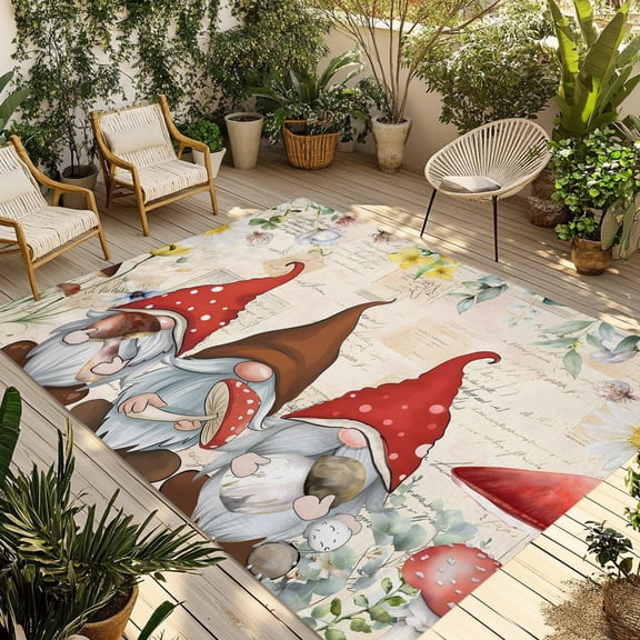 Indoor Outdoor Area Rugs,Farm Gnome Mushrooms Daisy Washable Patio Rug Non-slip Quick Dry Camping Rugs,Retro Floral Leaves Floor Carpet for Porch Deck Backyard RV Decor,4x6ft