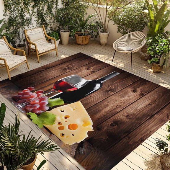 Indoor Outdoor Area Rugs,Farm Red Wine Grape Vintage Wood Board Washable Patio Rug Non-slip Quick Dry Camping Rugs,Cheese Fruit Wine Glass Floor Carpet for Porch Deck Backyard Decor,4x6ft