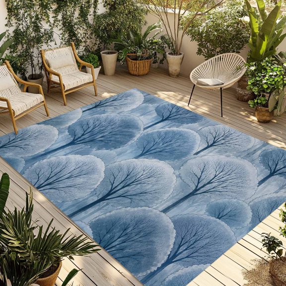 Indoor Outdoor Area Rugs,Farm Tree Forest Blue Nordic Style Washable Patio Rug Non-slip Quick Dry Camping Rugs,Abstract Cartoon Style Floor Carpet for Porch Deck Backyard Decor,4x6ft