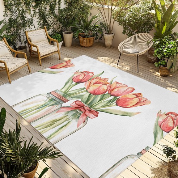 Indoor Outdoor Area Rugs,Farm Watercolor Tulip Flower Washable Patio Rug Non-slip Quick Dry Camping Rugs,Blossom Floral Leaves Vase Floor Carpet for Porch Deck Backyard RV Decor,4x6ft