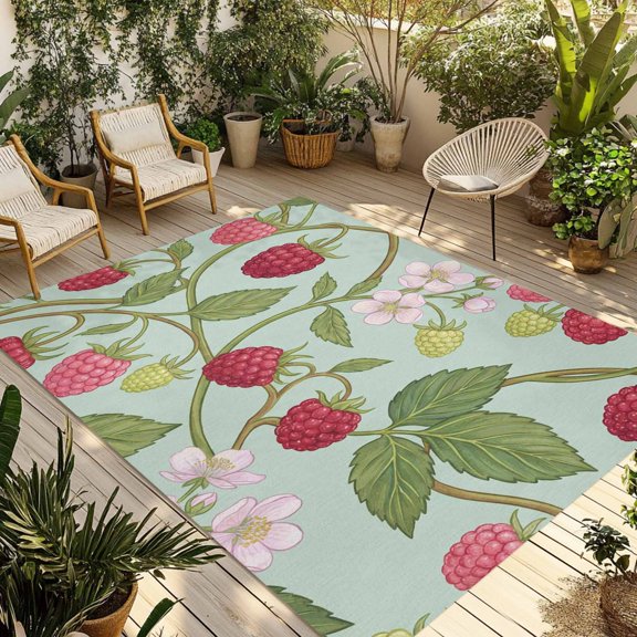 Indoor Outdoor Area Rugs,Farmhouse Berry Red Pink Blossoms Flower Washable Patio Rug Non-slip Quick Dry Camping Rugs,Green Leaves Floor Carpet for Porch Deck Backyard RV Decor,4x6ft