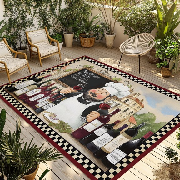 Indoor Outdoor Area Rugs,Farmhouse Chef Red Wine Washable Patio Rug Non-slip Quick Dry Camping Rugs,Rustic Cooking Theme Buffalo Check Floor Carpet for Porch Deck Backyard Decor,4x6ft