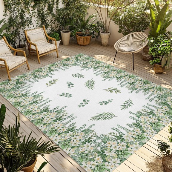 Indoor Outdoor Area Rugs,Farmhouse Flower Leaf Seamless Washable Patio Rug Non-slip Quick Dry Camping Rugs,Pastoral White Green Plant Floor Carpet for Porch Deck Backyard RV Decor,4x6ft