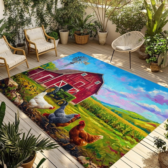 Indoor Outdoor Area Rugs,Farmhouse Red Barn Chicken Washable Patio Rug Non-slip Quick Dry Camping Rugs,Green Tractor Floor Carpet for Porch Deck Backyard Decor,4x6ft