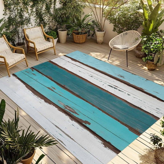Indoor Outdoor Area Rugs,Farmhouse Wood Board Teal Gradient Washable Patio Rug Non-slip Quick Dry Camping Rugs,Retro Barn Plank Floor Carpet for Porch Deck Backyard Decor,4x6ft