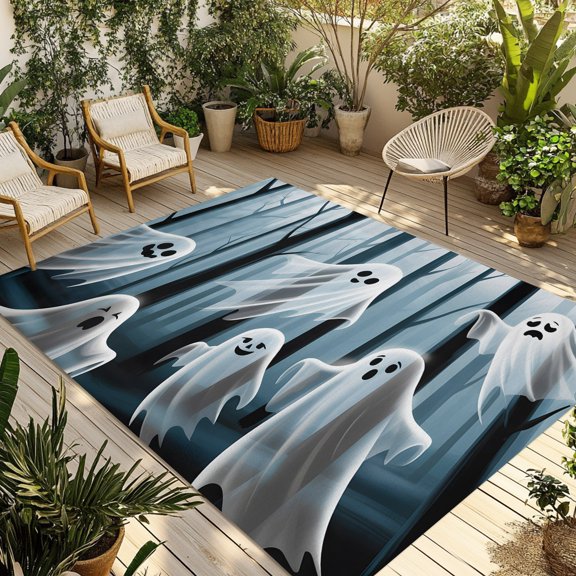 Indoor Outdoor Area Rugs,Floating Ghost in Woods Washable Patio Rug Non-slip Quick Dry Camping Rugs,Halloween Midnight Forest Floor Carpet for Porch Deck Backyard RV Decor,4x6ft