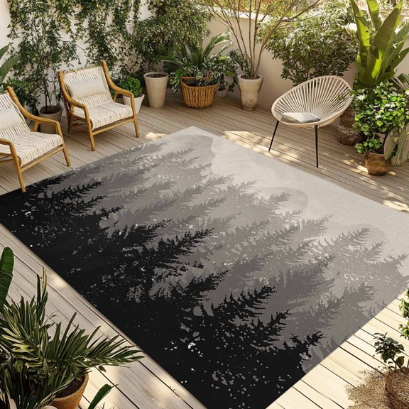 Indoor Outdoor Area Rugs,Forest Tree Gradient Black Shadow Washable Patio Rug Non-slip Quick Dry Camping Rugs,Ombre Retro Linen Floor Carpet for Porch Deck Backyard RV Decor,4x6ft