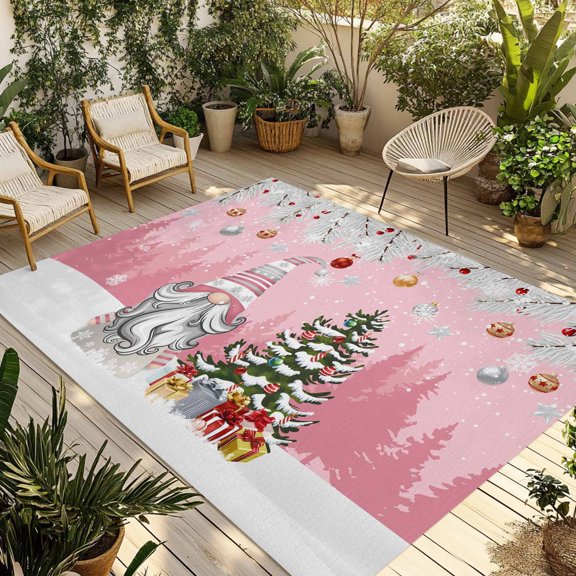 Indoor Outdoor Area Rugs,Gnome Christmas Tree Bell Snow Fir Washable Patio Rug Non-slip Quick Dry Camping Rugs,Pink Floor Carpet for Porch Deck Backyard Decor,4x6ft