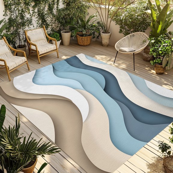 Indoor Outdoor Area Rugs,Gradient Abstract Blue Brown Ocean Waves Washable Patio Rug Non-slip Quick Dry Camping Rugs,Seaside Sand Floor Carpet for Porch Deck Backyard RV Decor,6x9ft