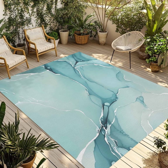 Indoor Outdoor Area Rugs,Gradient Marble Agate Stone Washable Patio Rug Non-slip Quick Dry Camping Rugs,Aqua White Ombre Lines Floor Carpet for Porch Deck Backyard Decor,4x6ft