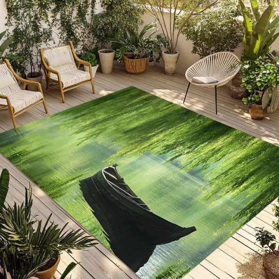 Indoor Outdoor Area Rugs,Green Leaves Boat Lake Washable Patio Rug Non-slip Quick Dry Camping Rugs,Zan Natural Scenery Floor Carpet for Porch Deck Backyard Decor,4x6ft