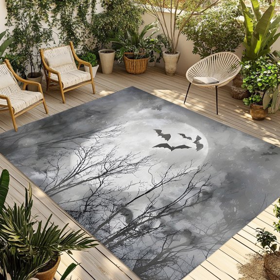 Indoor Outdoor Area Rugs,Halloween Full Moon Night Washable Patio Rug Non-slip Quick Dry Camping Rugs,Bat Bare Tree Gray Floor Carpet for Porch Deck Backyard RV Decor,4x6ft