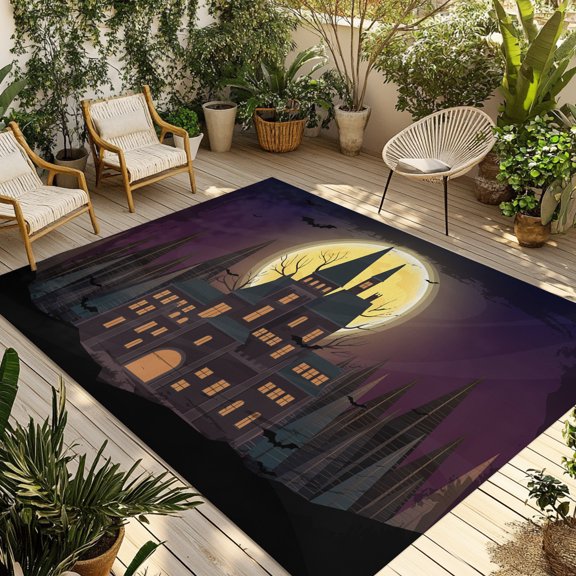 Indoor Outdoor Area Rugs,Halloween Retro Castle Bat Washable Patio Rug Non-slip Quick Dry Camping Rugs,Full Moon Bare Tree Floor Carpet for Porch Deck Backyard RV Decor,6x9ft