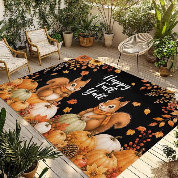 Indoor Outdoor Area Rugs,Happy Fall Y'all Squirrel Washable Patio Rug Non-slip Quick Dry Camping Rugs,Thanksgiving Pumpkins Sunflowers Floor Carpet for Porch Deck Backyard RV Decor,4x6ft