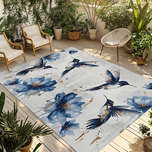 Indoor Outdoor Area Rugs,Hummingbird Bird Blue Flower Gradient Washable Patio Rug Non-slip Quick Dry Camping Rugs,Abstract Gold Splatter Floor Carpet for Porch Deck Backyard Decor,4x6ft