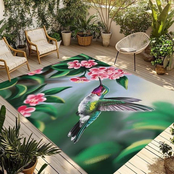 Indoor Outdoor Area Rugs,Hummingbird Flower Watercolor Washable Patio Rug Non-slip Quick Dry Camping Rugs,Green Leaves Watercolor Gradient Floor Carpet for Porch Deck Backyard RV Decor,4x6ft