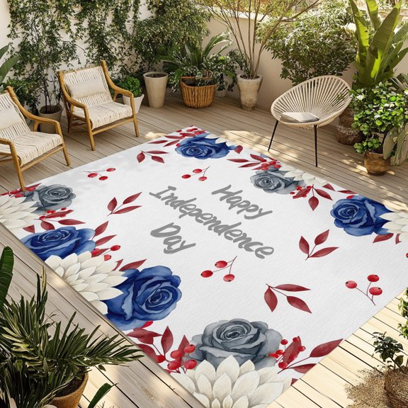Indoor Outdoor Area Rugs,Independence Day Flower Leaf Washable Patio Rug Non-slip Quick Dry Camping Rugs,White Blue Gray Floral Red Leaves Floor Carpet for Porch Deck Backyard RV Decor,4x6ft