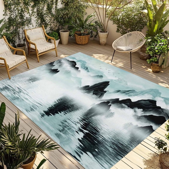 Indoor Outdoor Area Rugs,Ink Painting Mountains Lake Surface Patio Rug Non-slip Quick Dry Camping Rugs,Chinese Style Floor Carpet for Porch Deck Backyard Decor,4x6ft