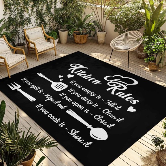 Indoor Outdoor Area Rugs,Kitchen Rules Black and White Washable Patio Rug Non-slip Quick Dry Camping Rugs,Kitchens Utensils Appliances Floor Carpet for Porch Deck Backyard Decor,4x6ft