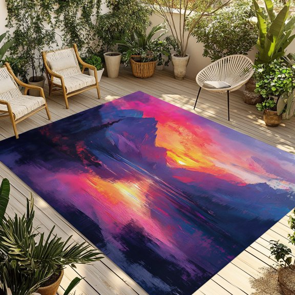 Indoor Outdoor Area Rugs,Lake Reflection Landscape Washable Patio Rug Non-slip Quick Dry Camping Rugs,Mountain Peaks Sunset Floor Carpet for Porch Deck Backyard Decor,4x6ft
